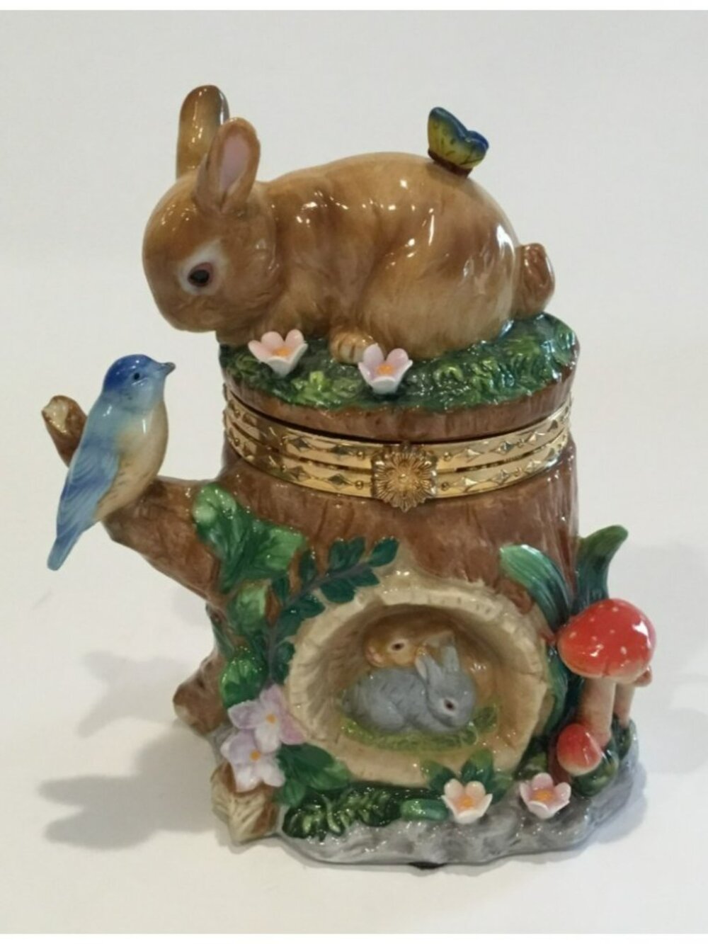 CWC 6.5" Ceramic Trinket Box Tree Stump Easter Bunny Rabbit Bird Butterfly